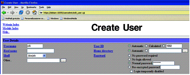 Finestra Webmin create user